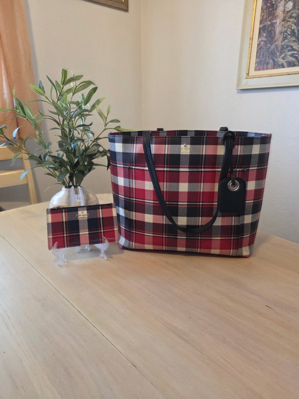 Kate Spade Plaid Tote + Matching Wallet Bundle Red Black Classic Set